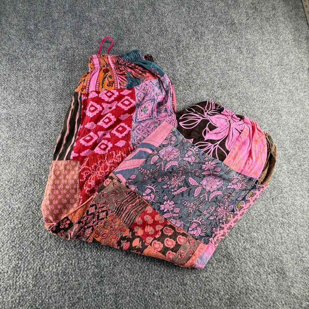 Made in India Bohemian Patchwork Wide Leg Pants Pink Purple Floral Elastic Boho